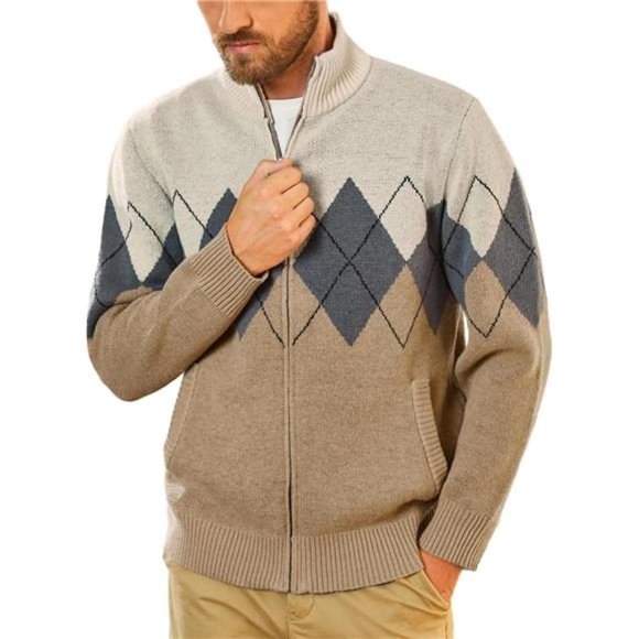 Men's Full Zip Cardigan Sweaters Argyle Stand Collar Knitwear, Gray